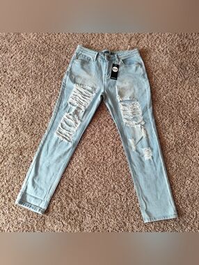 Booho Women All Over Ripped Jeans,Light Blue,Straight Leg Size 8